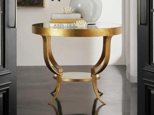Gueridon Round Mirror End Table with Gold Forged Iron