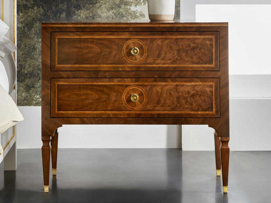 Parma 2-Drawer Walnut Nightstand with Brass Hardware