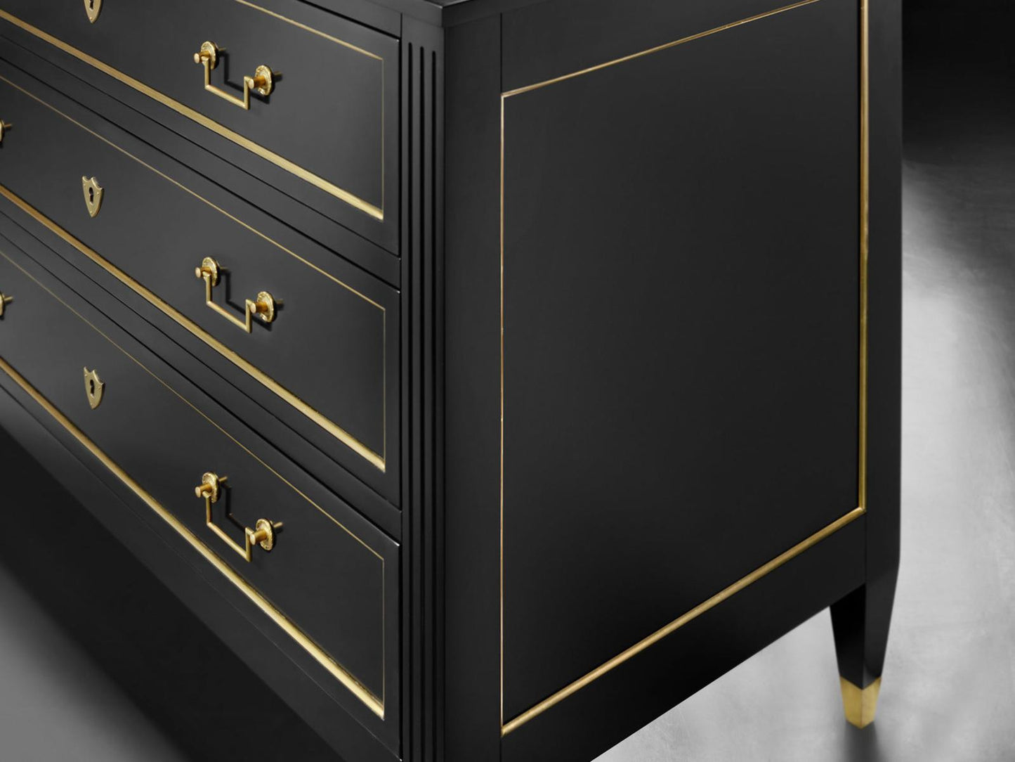French 3-Drawers Black Dresser with Antique Brass Hardware