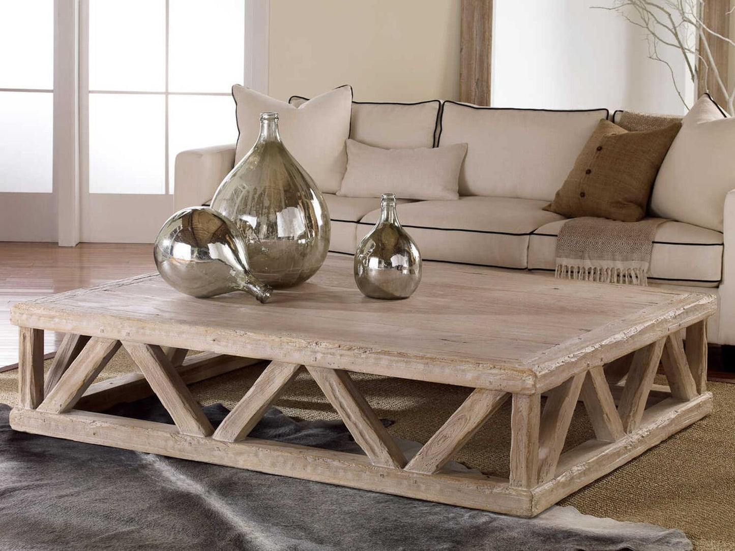 Architectural Rectangular Wood Coffee Table with Sandblasted Weathered Finish