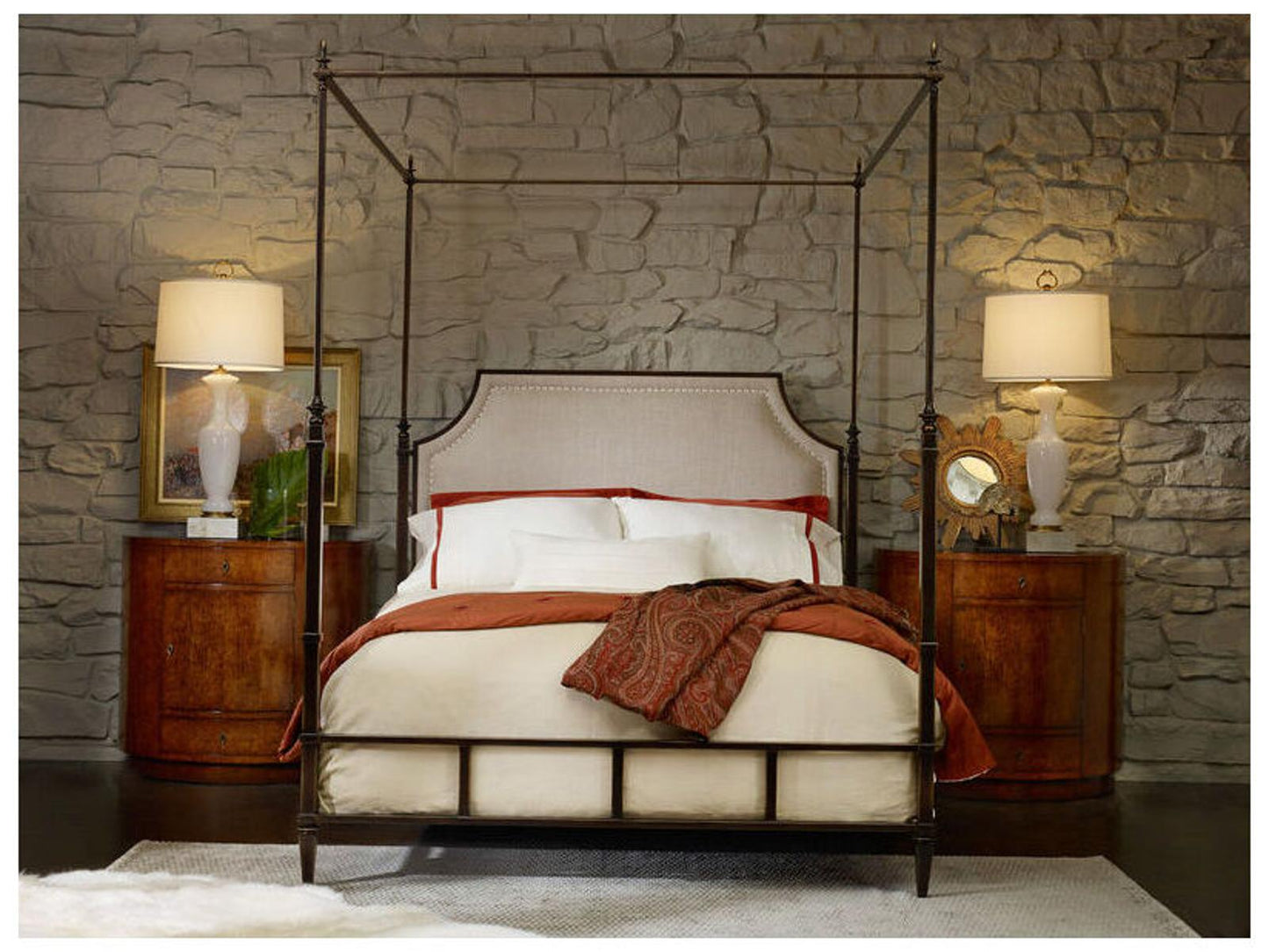 Bronze Metal Queen Canopy Bed with Neutral Linen Upholstery