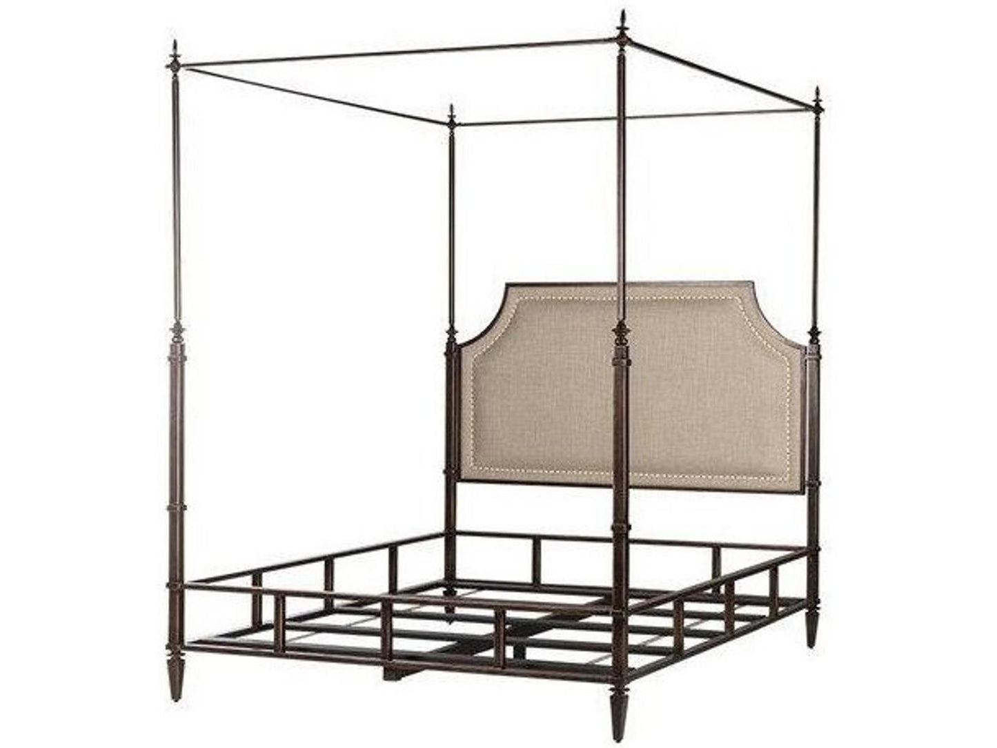 Bronze Metal Queen Canopy Bed with Neutral Linen Upholstery