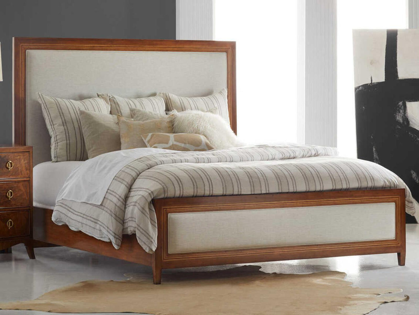 Milan King Upholstered Panel Bed in Brown Fruitwood with Linen