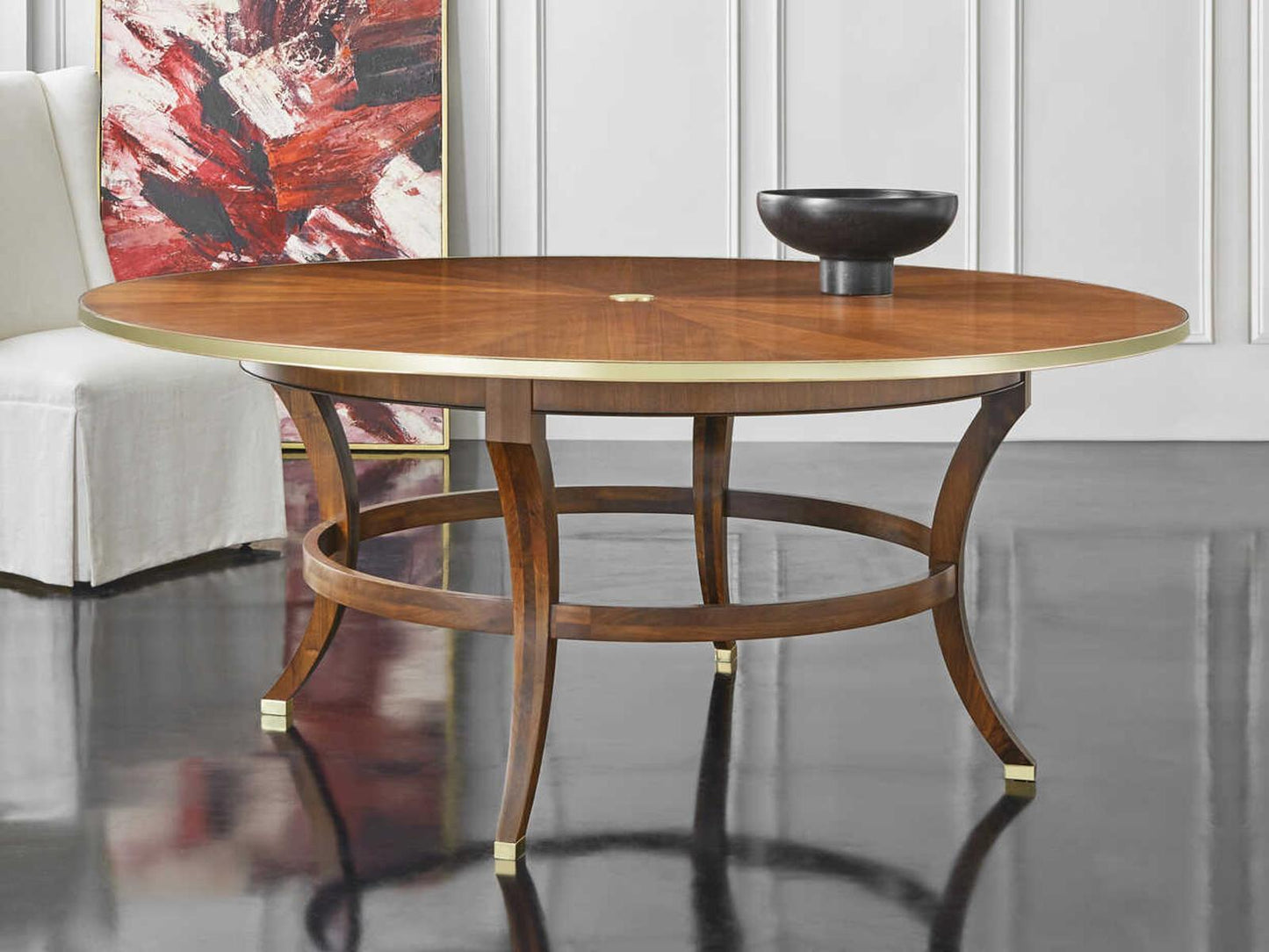Breganza Round Dining Table with Brass Details and Walnut Veneer