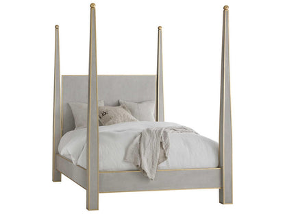 Gustavian Queen Four Poster Bed in Antique Grey with Gold Leaf Accents