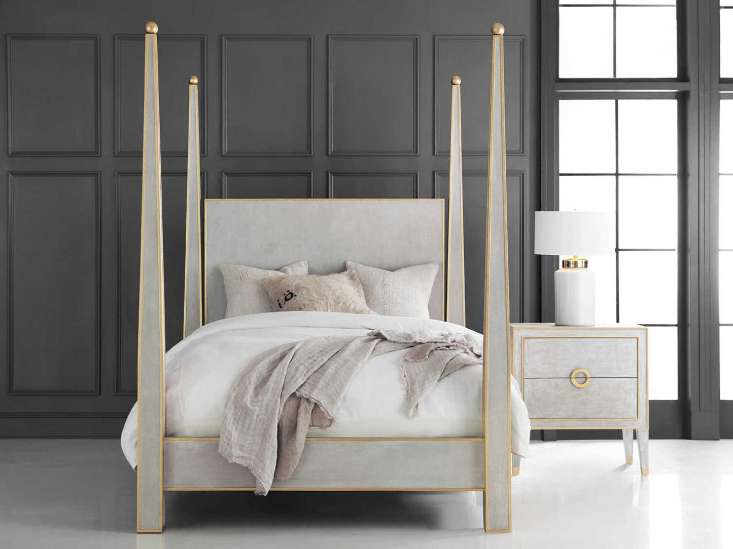 Gustavian King Four Poster Bed in Antique Grey and Gold Leaf
