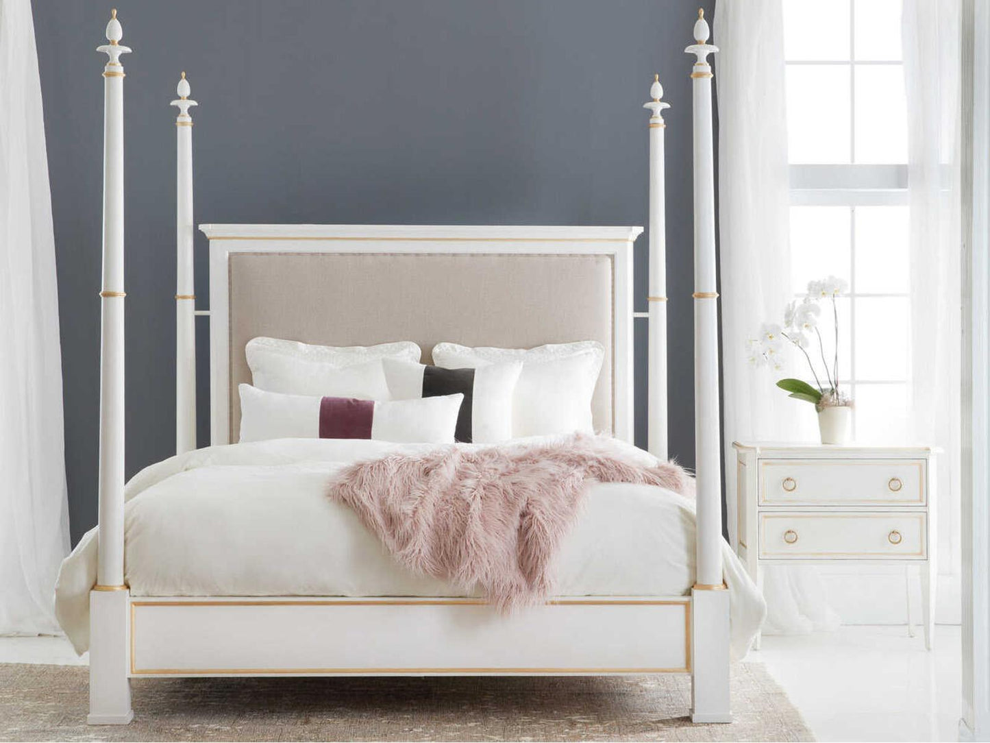 Covington Brushed White Painted Upholstered Queen Poster Bed