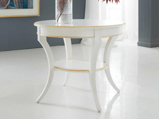 Covington Round End Table in Brushed White with Gold Leaf Detailing