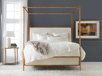 Organic Antiqued Gold Leaf Upholstered King Canopy Bed