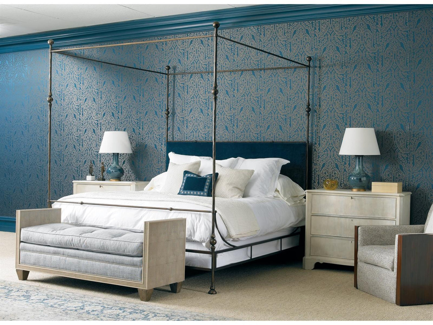 Tuscan Upholstered King Poster Bed with Iron Frame