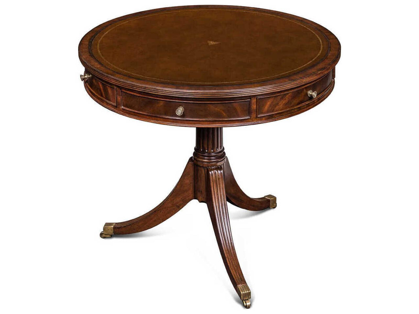 Maitland-Smith Flank Round End Table in Crotch Mahogany Leather and Brass