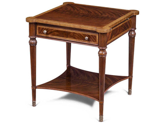 Carter Square End Table in Crotch Mahogany and Brass Accents