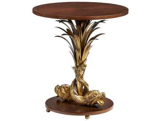 Octavia Round Side Table with Marquetry Inlay and Brass Base