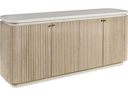 Morghan 84 Inch Media Console with Tambour Oak Doors and White Marble Top
