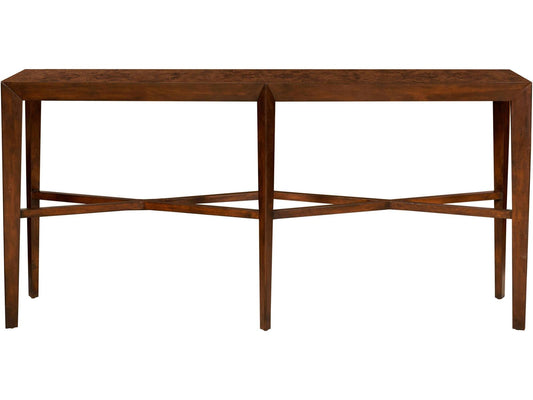 Modern Rectangular Ash Burl Mahogany Console Table with X Stretcher