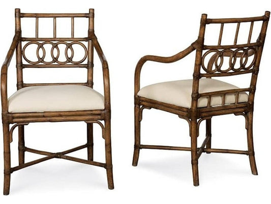 Charleston Rattan Arm Dining Chair with Brown Leather