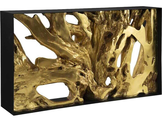Cast Root Gold Leaf and Black Metal Console Table