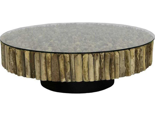 Manhattan Round Coffee Table with Glass in Brown and Black