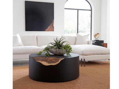 Cornered Round Coffee Table in Black Iron and Natural Chamcha Wood