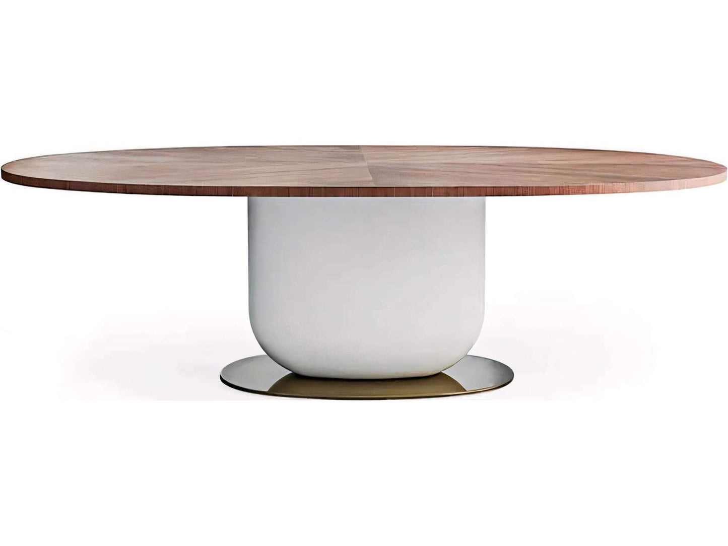 Ettore 94-Inch Oval Wood Walnut Dining Table with Fog Grey Pillar and Glossy Bronze Base