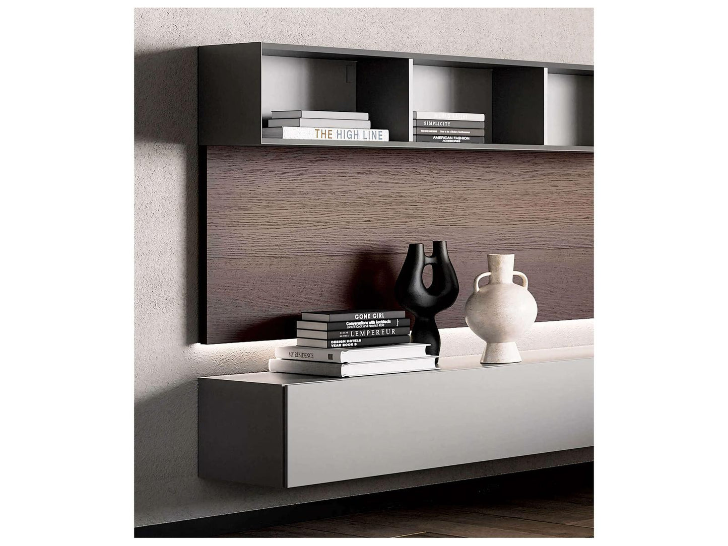 People 118 Inch Media Console in Burnt Oak and Matte Grey