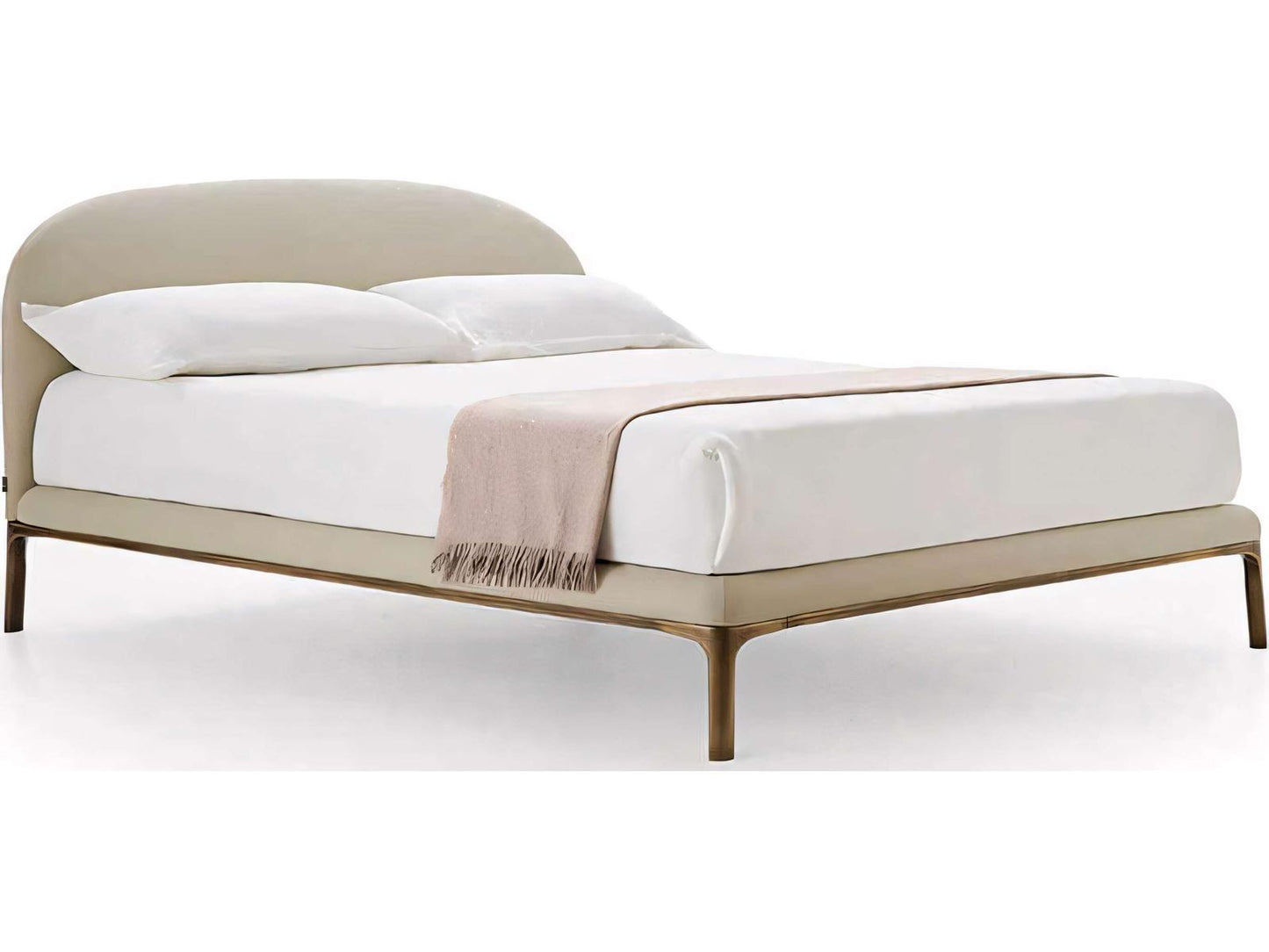 Rada Beige Upholstered King Panel Bed with Glossy Bronze Base