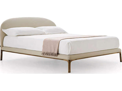 Rada Beige Upholstered King Panel Bed with Glossy Bronze Base