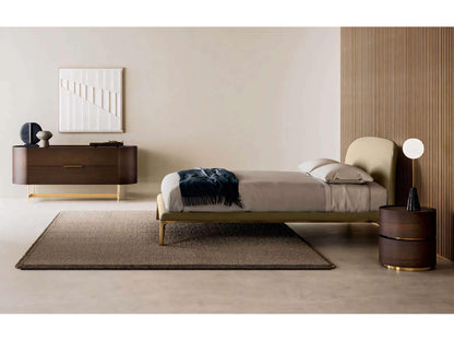 Rada Beige Upholstered King Panel Bed with Glossy Bronze Base