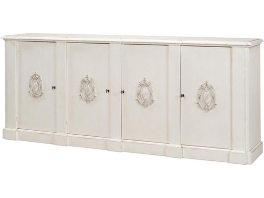 Crested Solid Pine Wall Cabinet with White Finish and Decorative Emblems