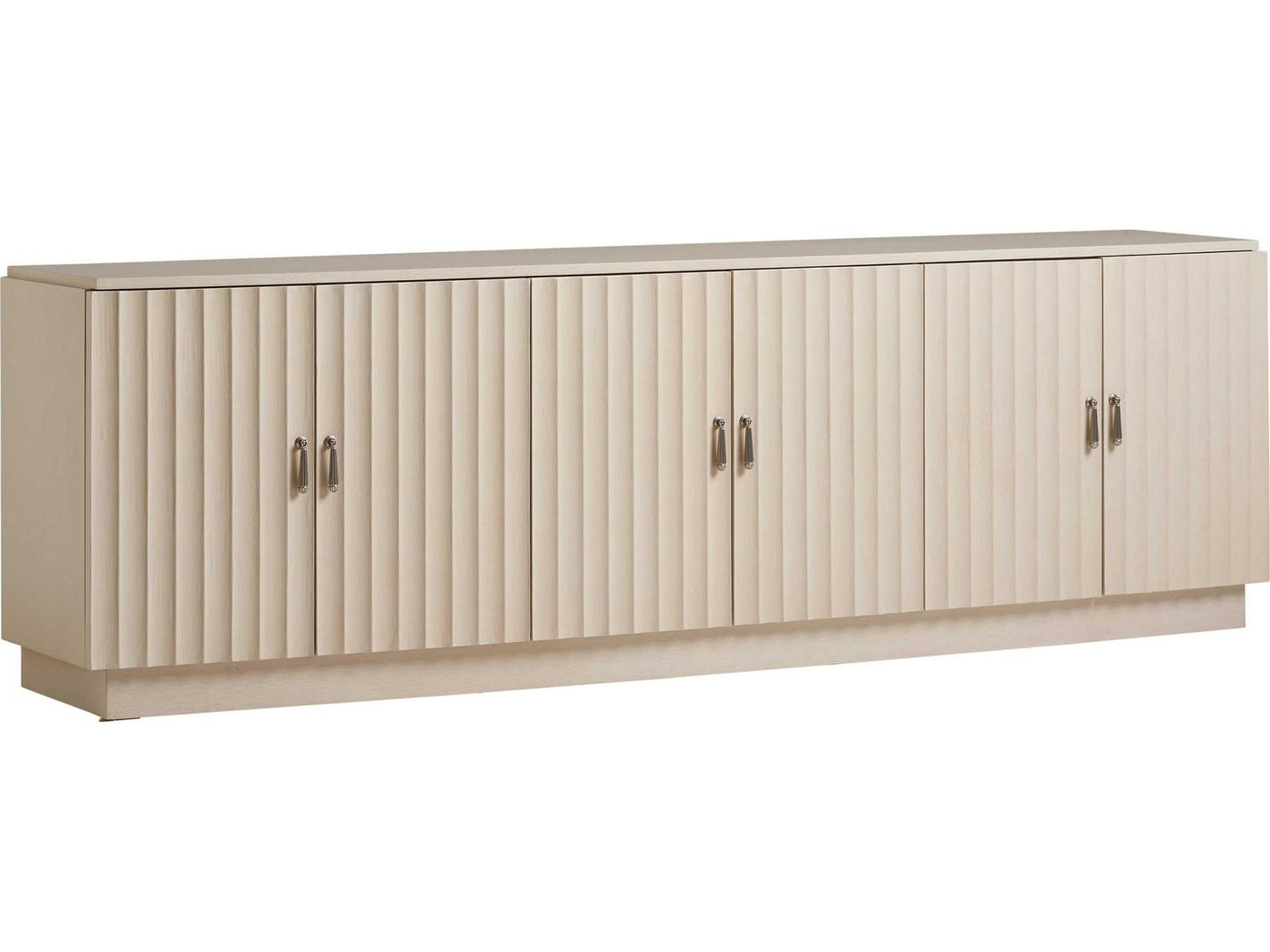 Cascades 96 Inch Oak Wood Media Console in Linen White with Brushed Nickel Hardware