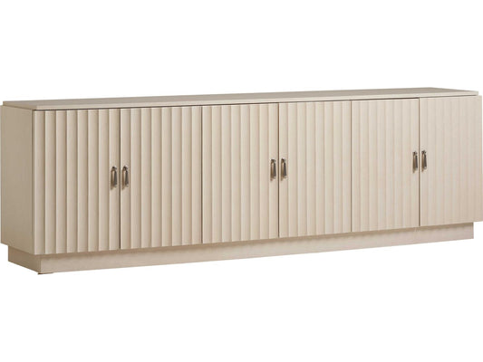 Cascades 96 Inch Oak Wood Media Console in Linen White with Brushed Nickel Hardware