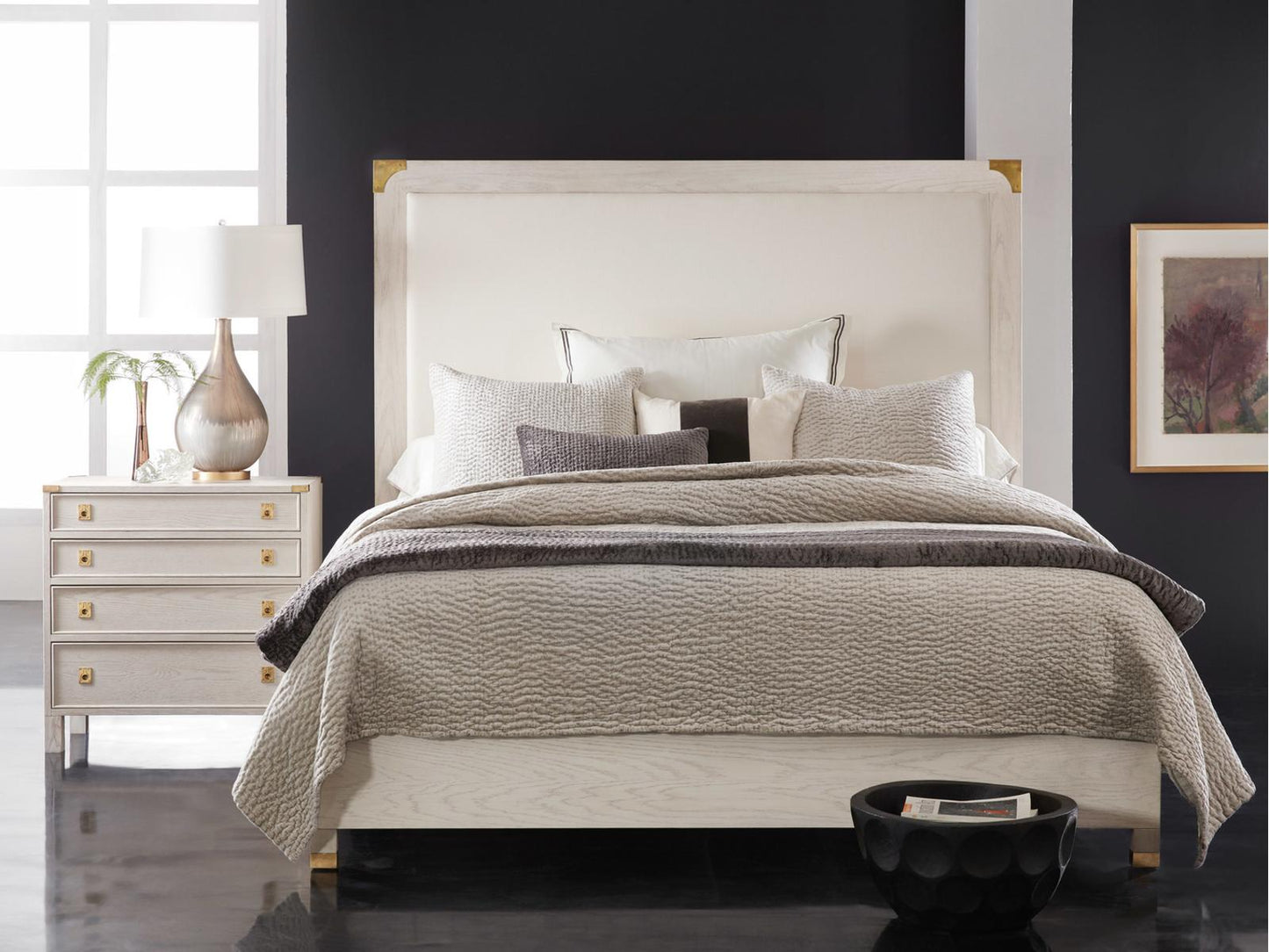 Windward Upholstered Queen Platform Bed in Cottage White with Brass Accents