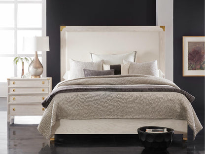 Windward Upholstered Queen Platform Bed in Cottage White with Brass Accents