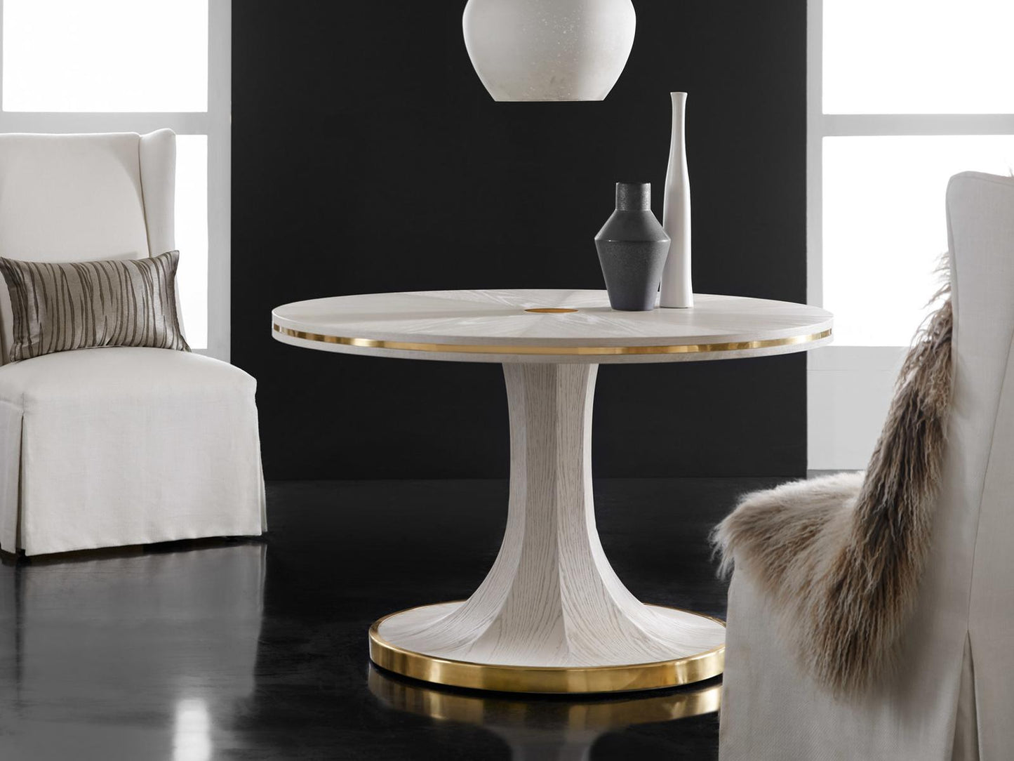 Windward Round Wood White Antique Brass Dining Table