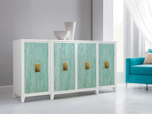 Costa Four Door Credenza in White and Ocean Blue with Gold Leaf Handles
