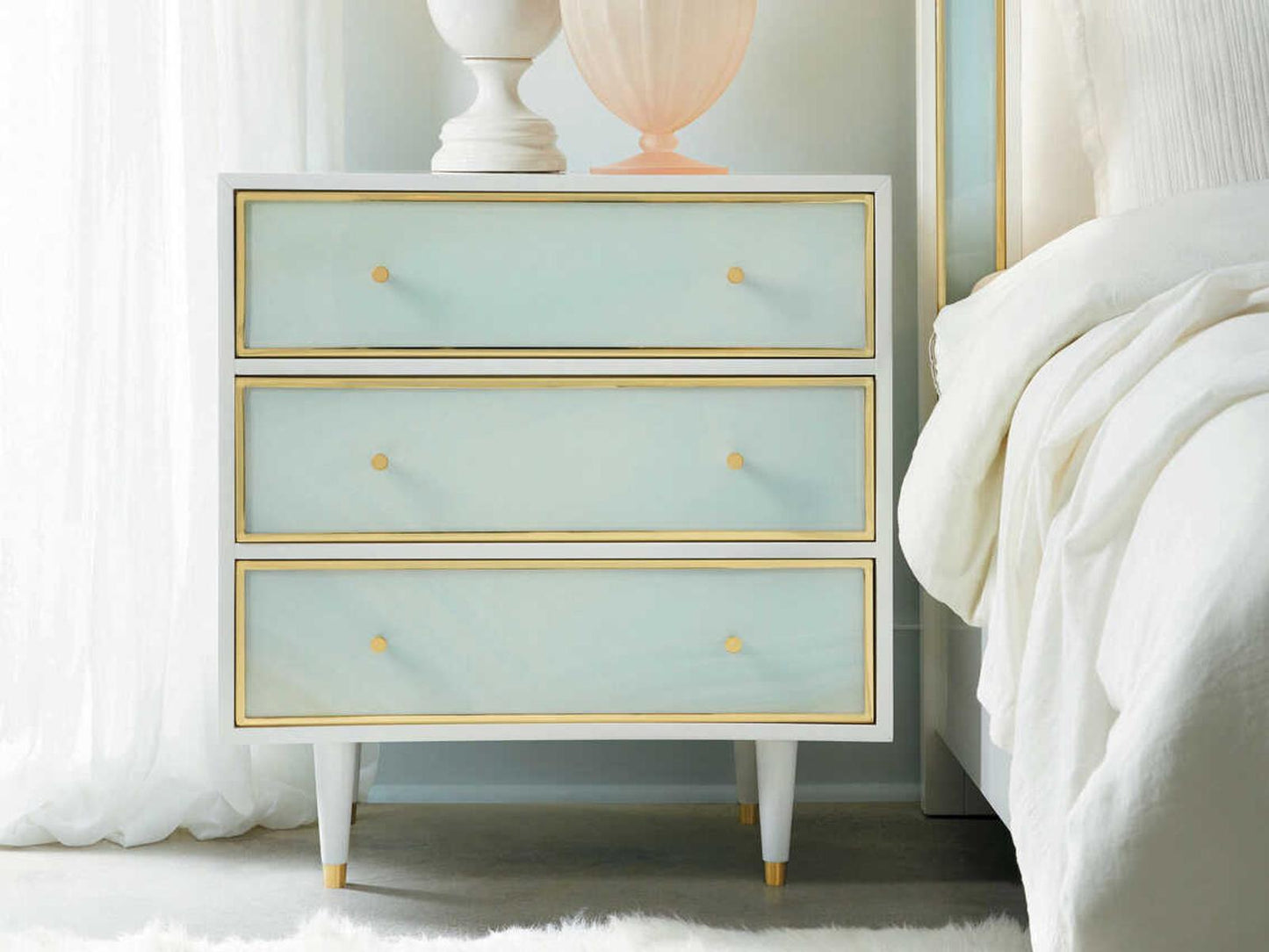 Seaglass 3-Drawer Nightstand White Mahogany and Brass