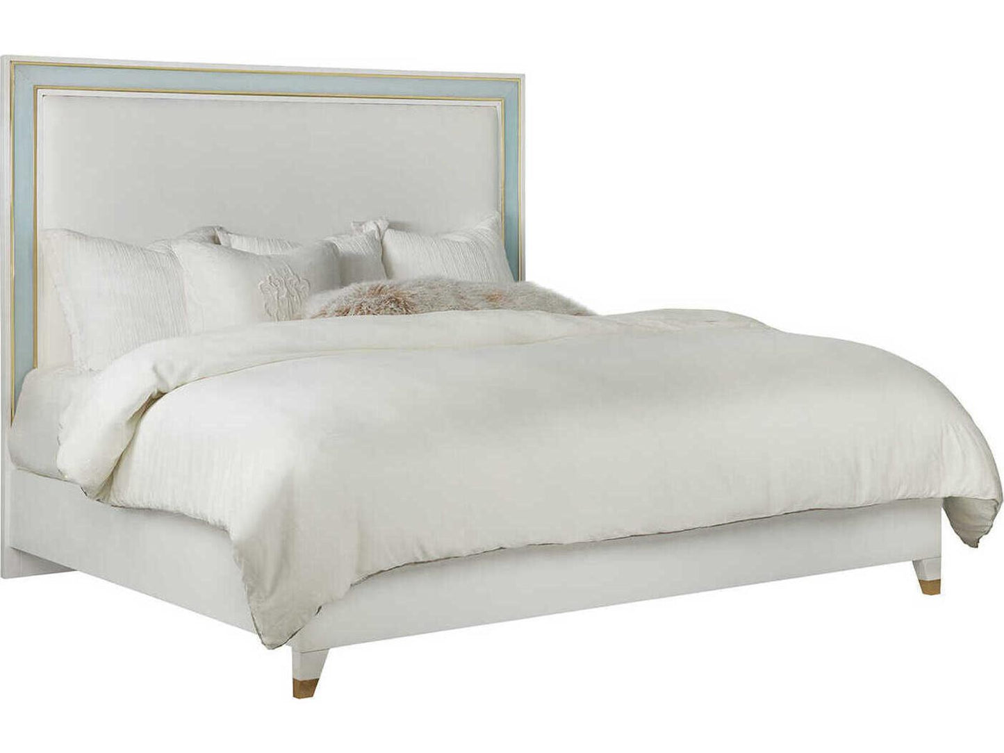 Seaglass Upholstered King Platform Bed in White with Brass Accents
