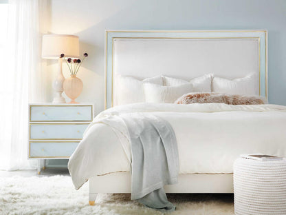 Seaglass Upholstered King Platform Bed in White with Brass Accents