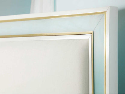 Seaglass Upholstered King Platform Bed in White with Brass Accents