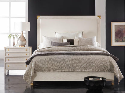 Windward Upholstered Queen Platform Bed in Cottage White with Brass Accents