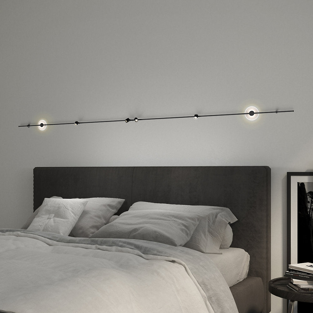 Suspenders 12-Foot Linear Wall Mount Mezzaluna Luminaires and Precise Bar-Mounted Aimable Cylinders