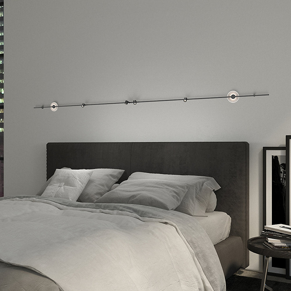 Suspenders 12-Foot Linear Wall Mount Mezzaluna Luminaires and Precise Bar-Mounted Aimable Cylinders
