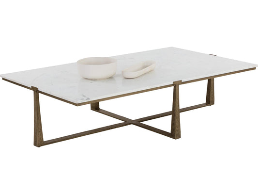 Cowell Rectangle Coffee Table in White Marble and Antique Brass