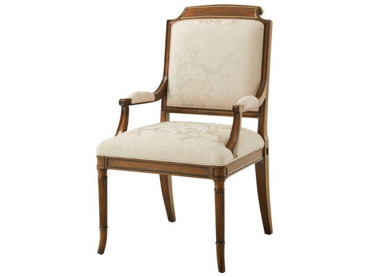 English Cabinet Maker Mahogany Wood Beige Upholstered Arm Dining Chair