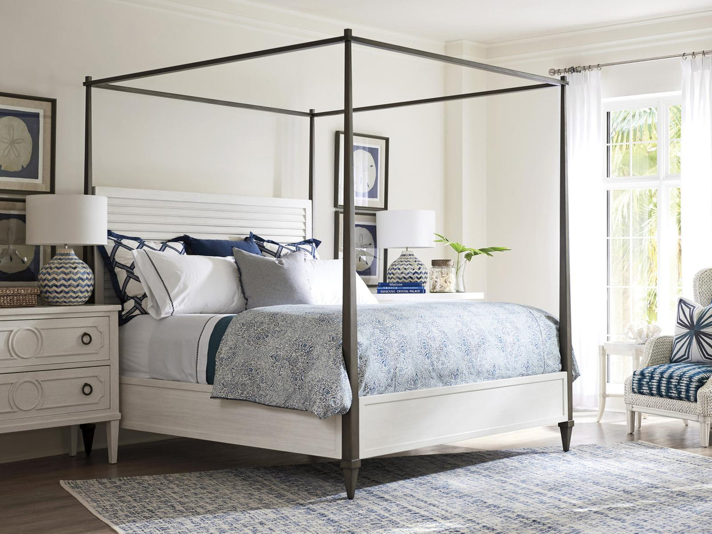 Ocean Breeze Coral Gables King Poster Bed in Shell White Wood and Aged Pewter