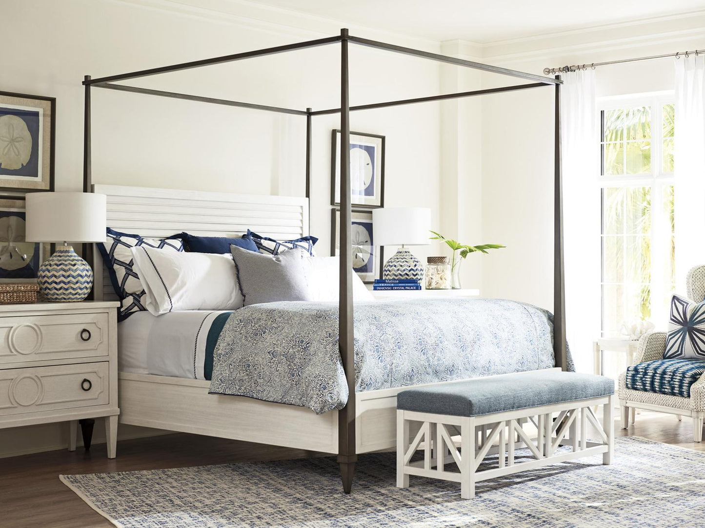 Ocean Breeze Coral Gables King Poster Bed in Shell White Wood and Aged Pewter