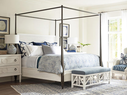 Ocean Breeze Coral Gables King Poster Bed in Shell White Wood and Aged Pewter