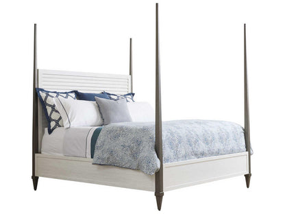 Ocean Breeze Coral Gables King Poster Bed in Shell White Wood and Aged Pewter