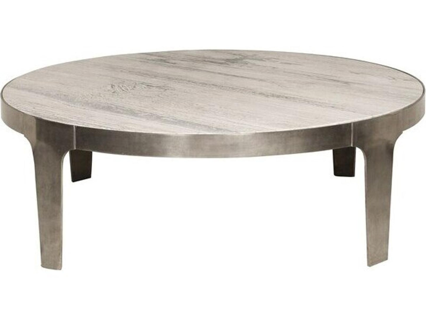 Noa Round Coffee Table with Aged Silver Metal Base and Travertine Top