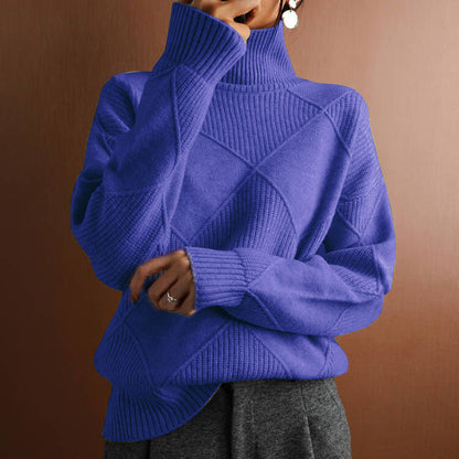 Women’s Loose High-Neck Knit Sweater Warm Solid-Color Cozy Style